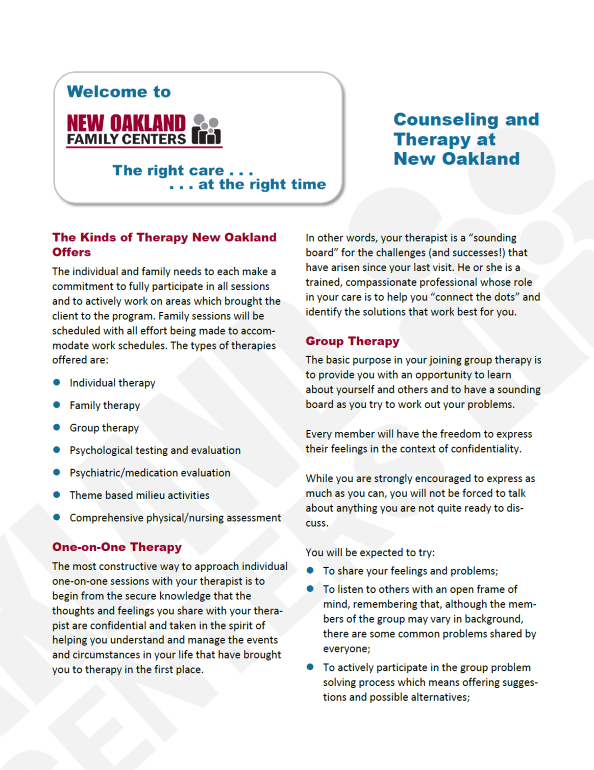 Counseling and Therapy at New Oakland