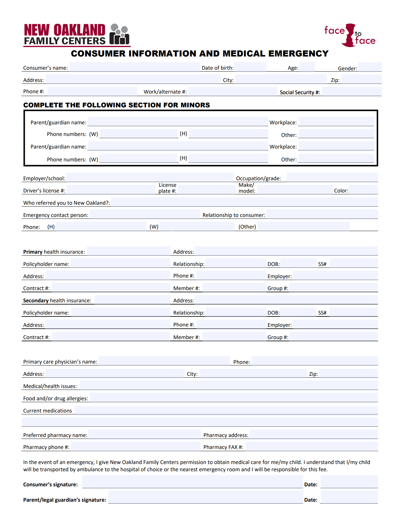 FACE to FACE PHP intake forms